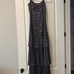 Tory Burch Navy and White Polka Dot Tiered Maxi Dress